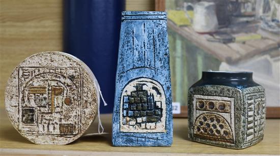 A Troika pottery domino coffin vase, a circular vase and a cube vase (3)